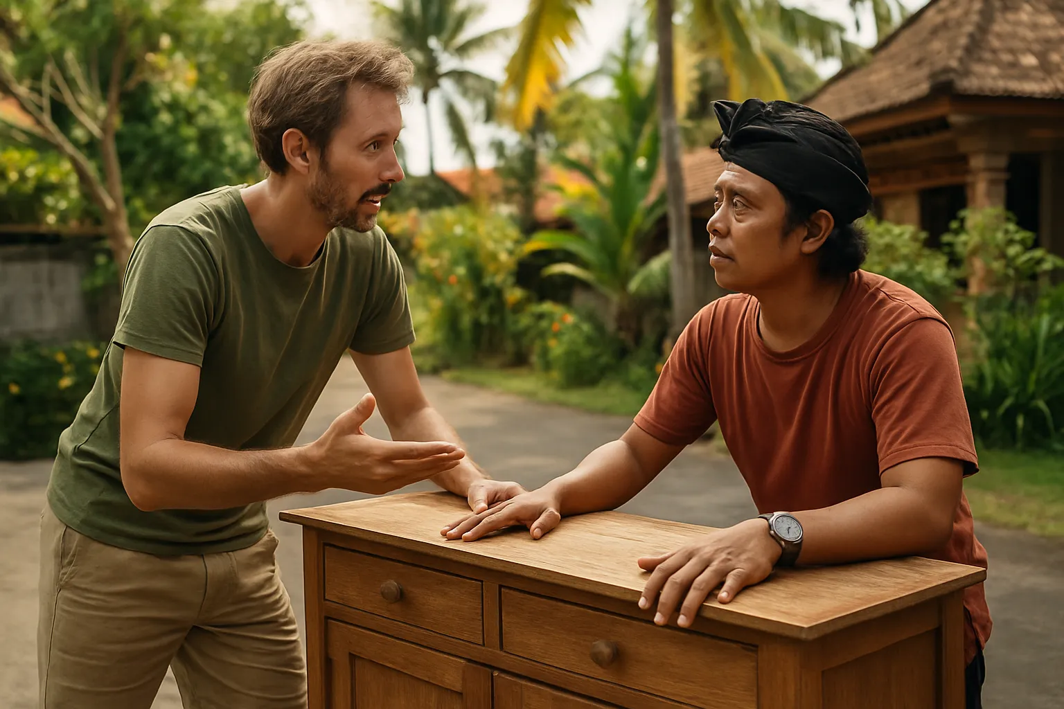 Two people haggling over the price of a secondhand piece of furniture during a face-to-face meetup in Bali