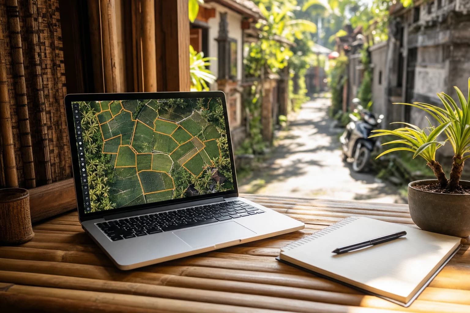 An open laptop on a bamboo counter displaying an interactive cadastral map with parcels outlined in orange above rice fields, a notebook and pen beside it, a Balinese lane with a blurred scooter visible through the window, bright tropical morning