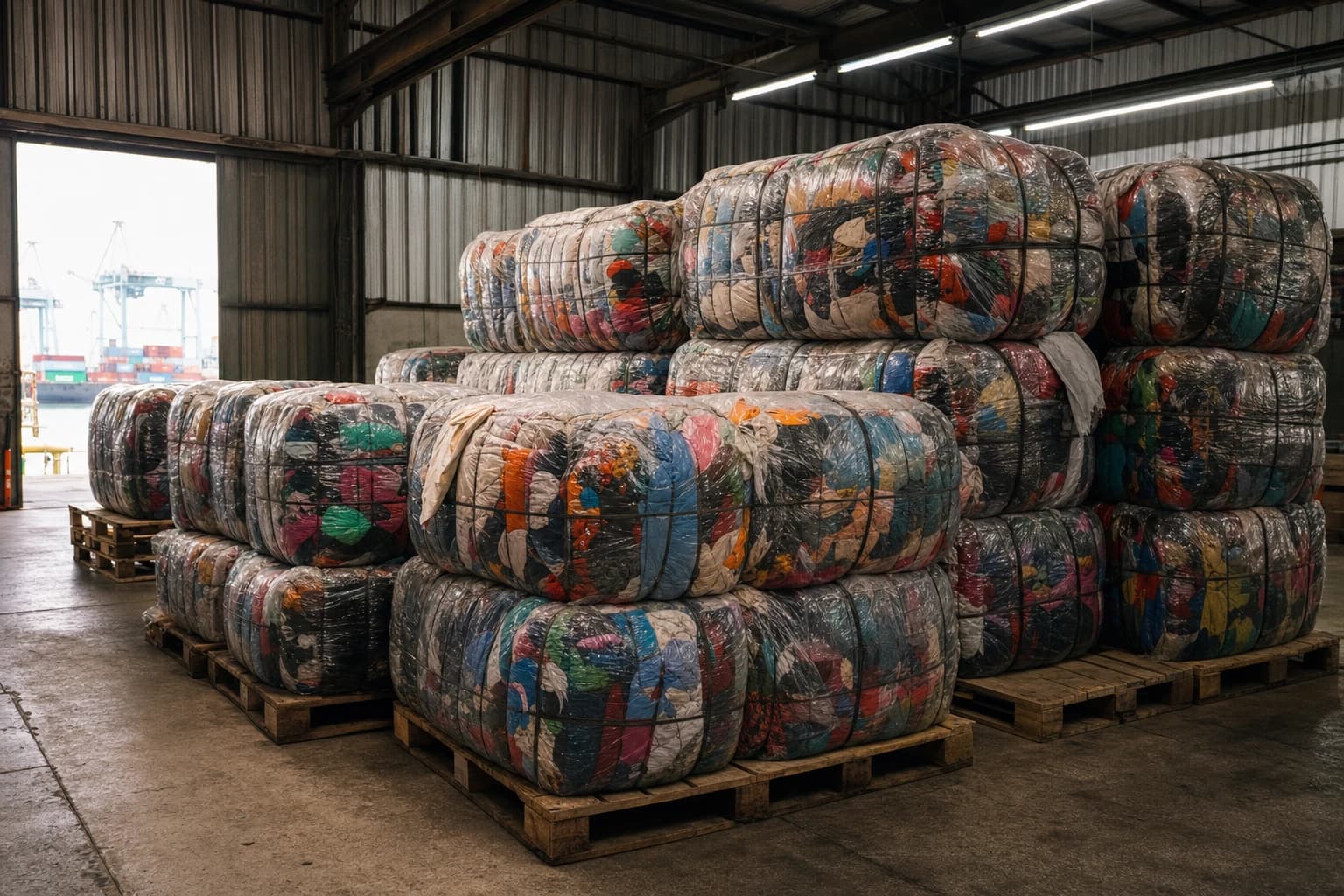 Compressed and tied bales of clothing stacked on wooden pallets in a corrugated-iron warehouse near an Indonesian port, plastic wrap stretched taut by the pressure, harsh neon lighting