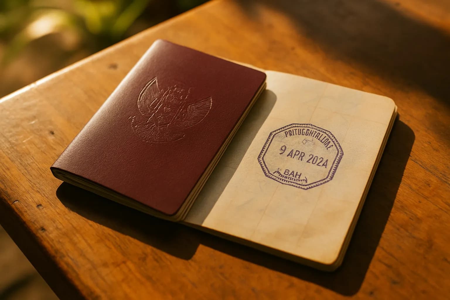 Foreign passport and Indonesian immigration stamp on a desk in Bali