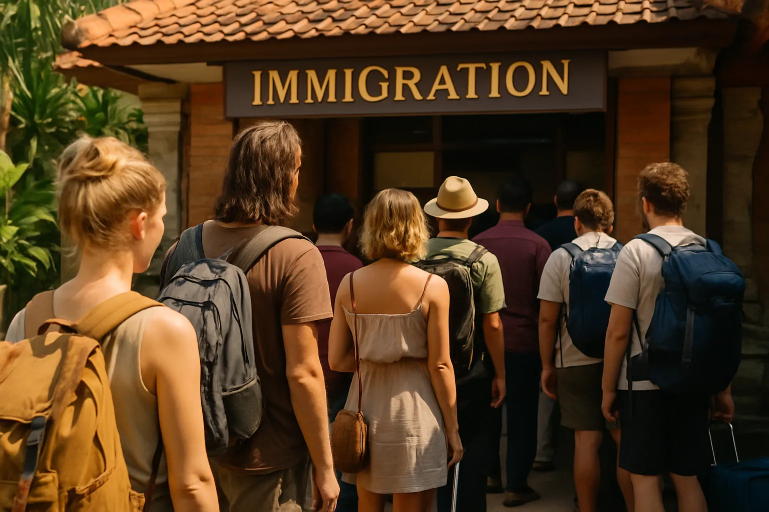 Immigration office in Bali with a queue of travelers waiting to extend their visas