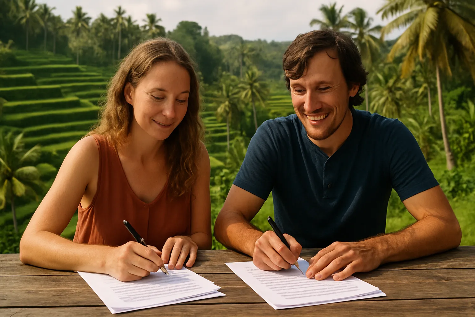 Expat couple signing long-stay visa documents with Bali rice terraces in the background
