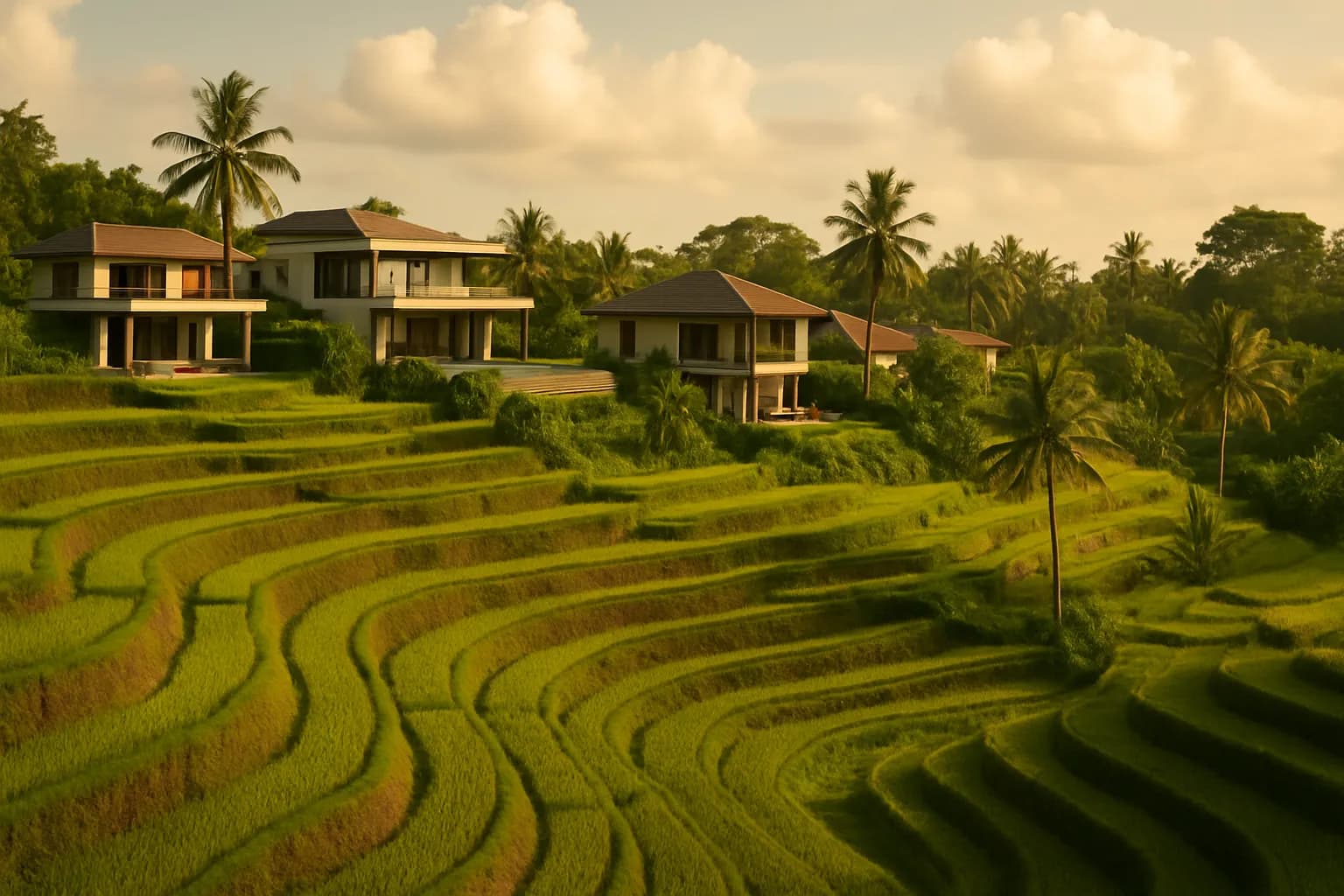 Terraced rice paddies and modern villas in the heart of Bali