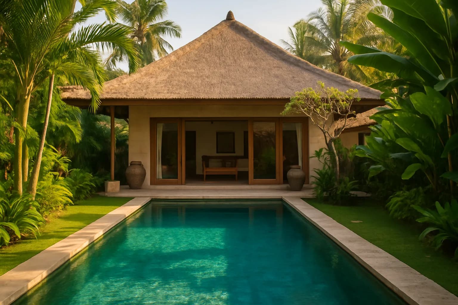 Balinese villa with a pool and tropical garden in Canggu