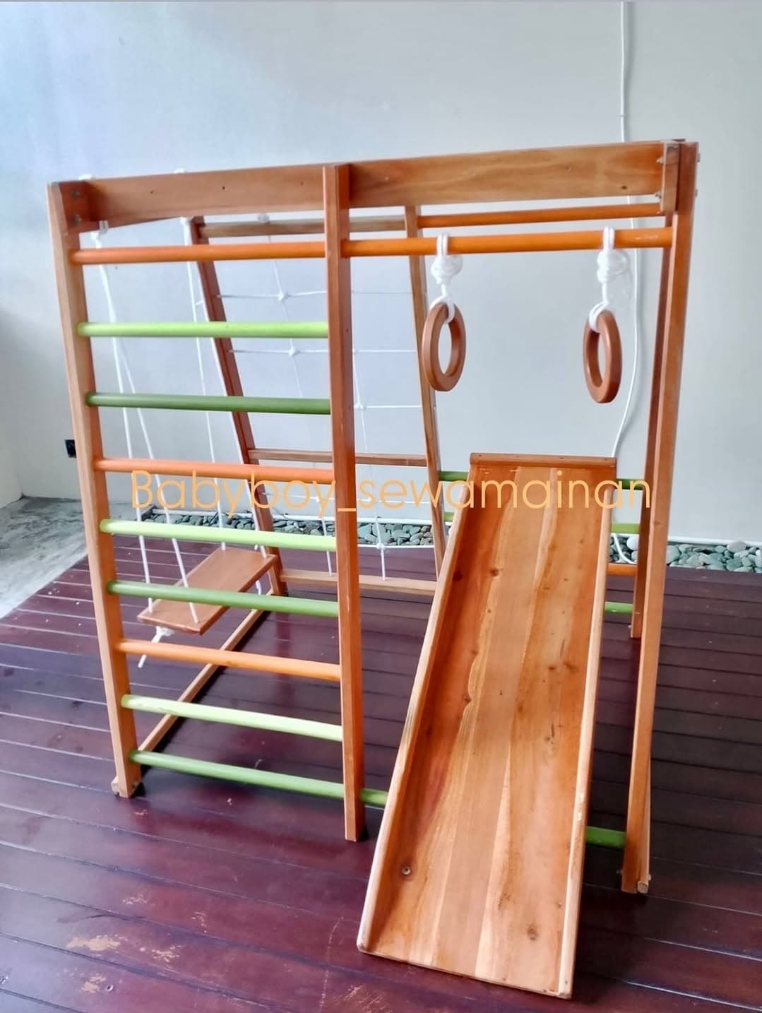 Kids Wooden Indoor & Outdoor Playground – Swing, Gym Rings & Slide Climbing