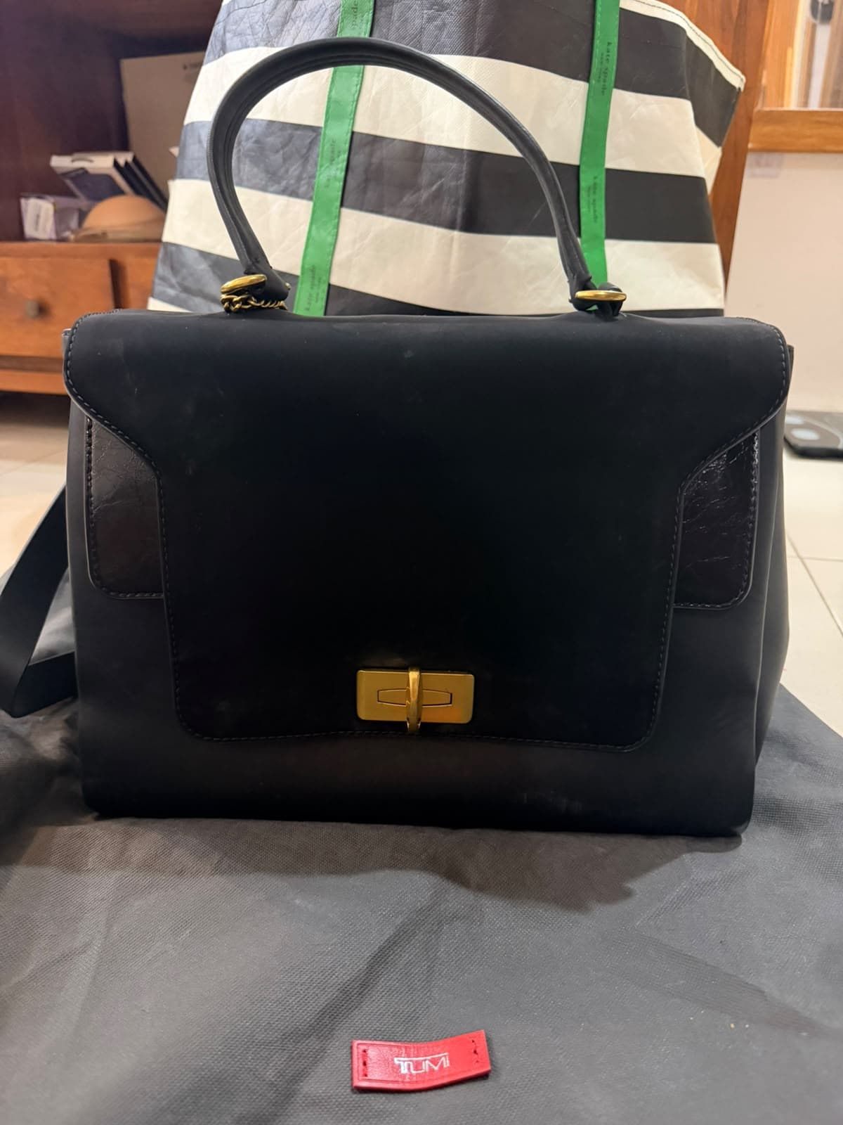 TUMI Black Top Handle Handbag - Gold Hardware - Elegant Preloved (1/2)