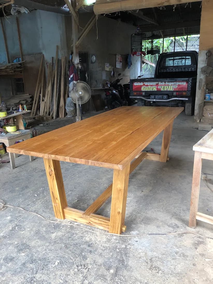 SOLID TEAK WOOD DINING TABLE - NATURAL TRESTLE DESIGN (1/2)