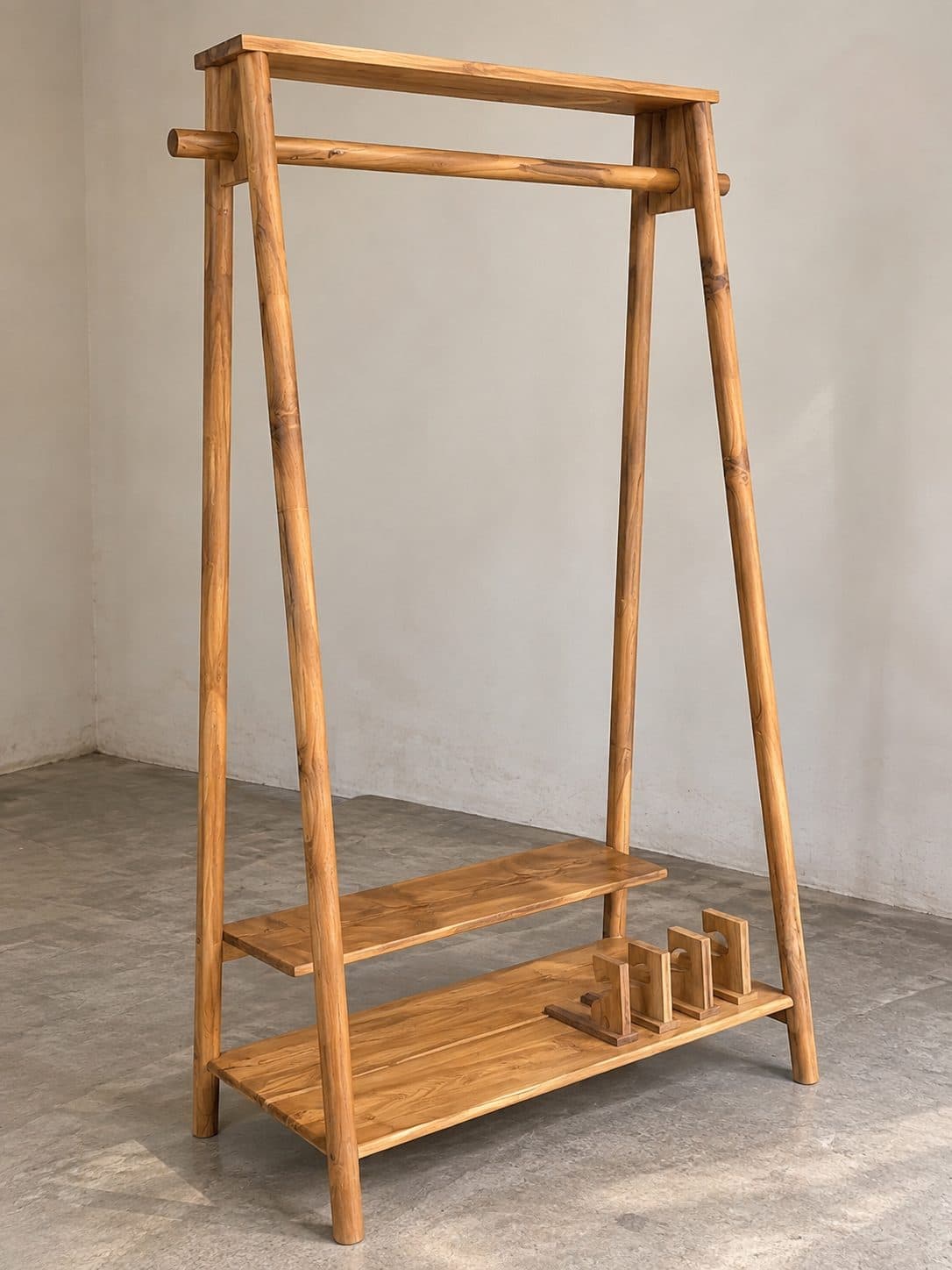 WOODEN CLOTHES RACK - TEAK WOOD WITH STORAGE SHELVES (1/2)