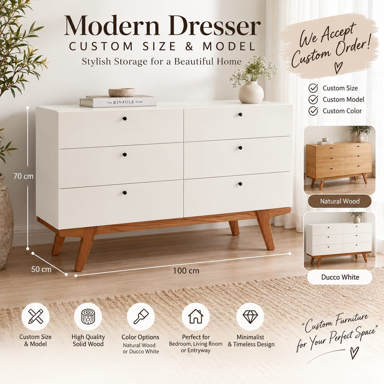 Minimalist Modern Custom Dresser – 6 Drawer Chest | Custom Size & Model | Natural Wood / Ducco White (1/2)