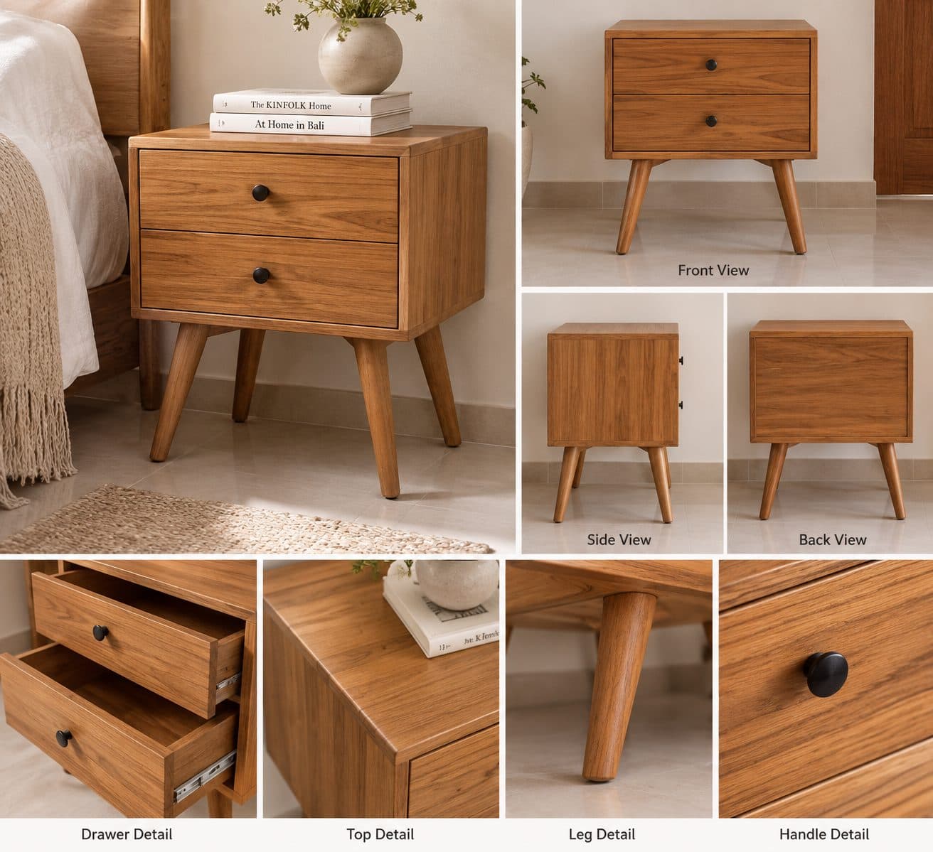Minimalist Teak Wood Bedside Table - 2 Drawers | Custom Size & Model