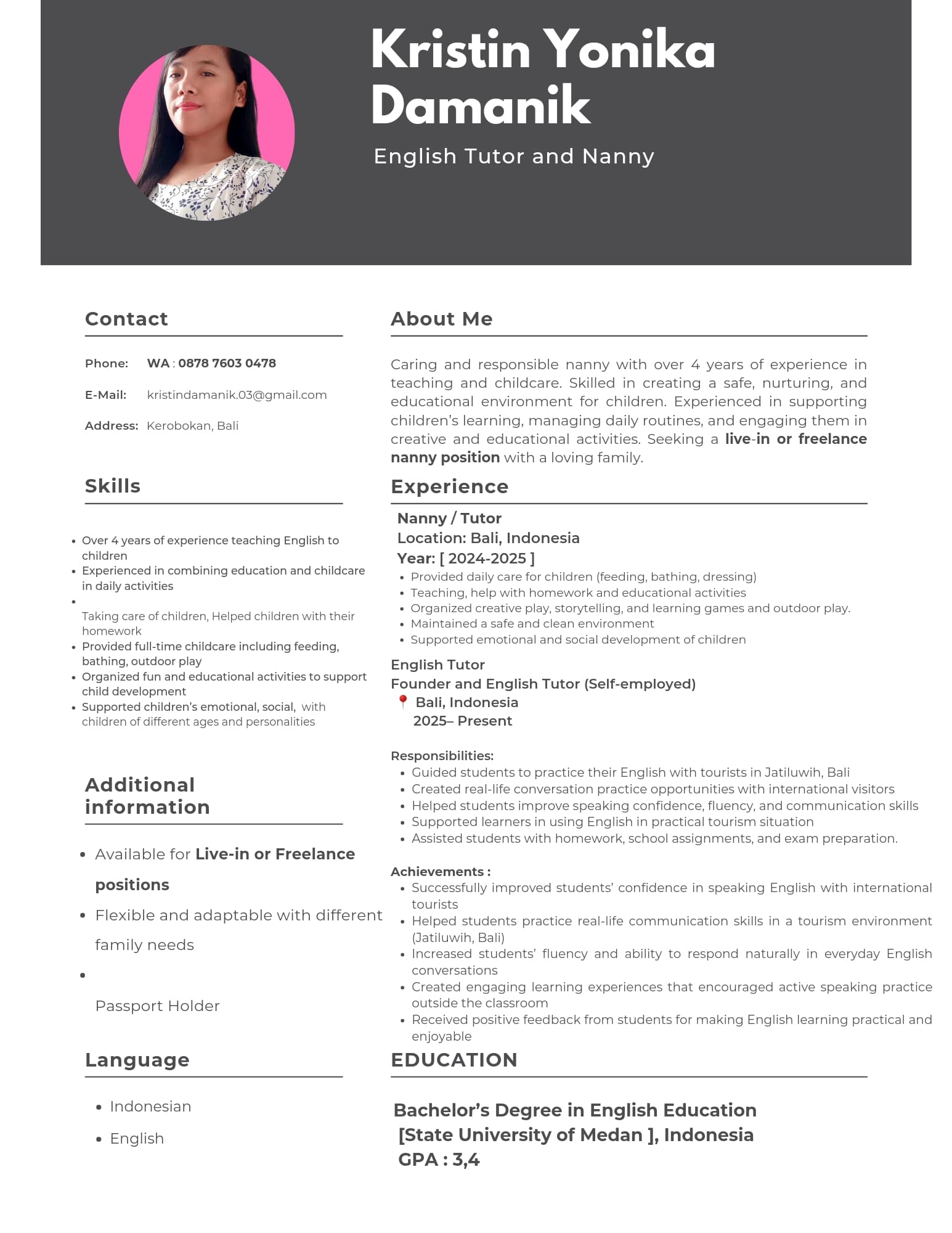 English Tutor and Nanny — photo 1