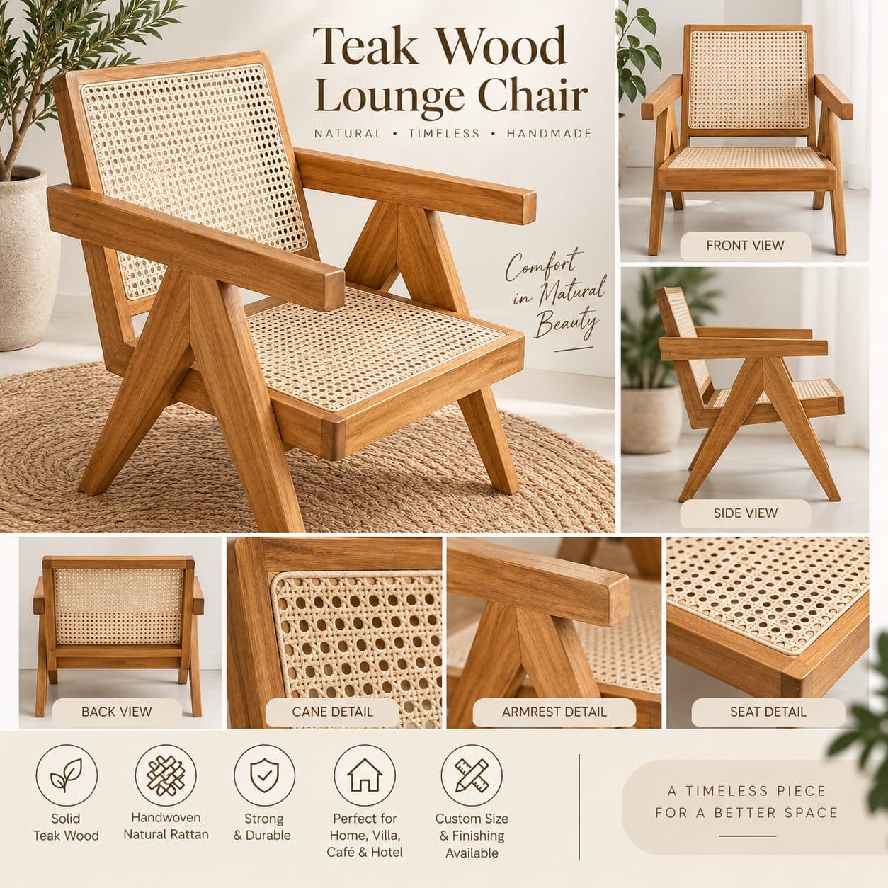 Teak Wood & Rattan Lounge Chair (1/2)
