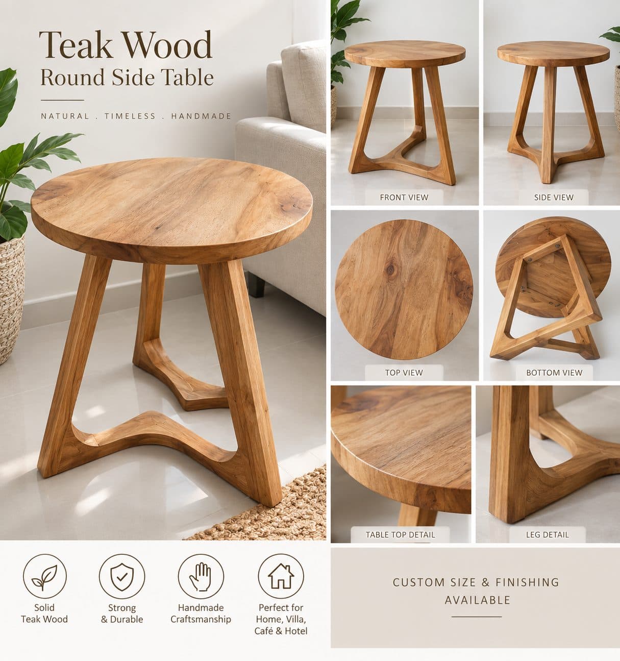 Meja Samping Kayu Jati Bulat | Round Teak Wood Side Table | Handmade Furniture | Natural Finish (1/2)
