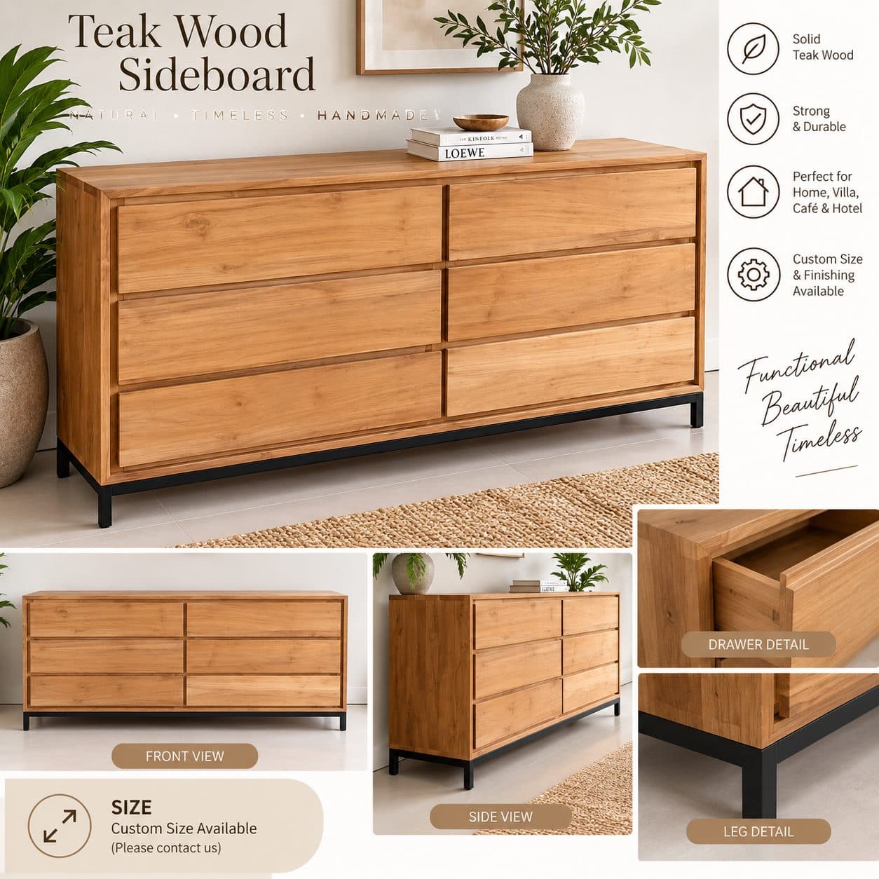 Sideboard Teak Wood 6 Drawers | Teak Wood Credenza Minimalist Storage Cabinet Natural | Handmade Furniture (1/2)