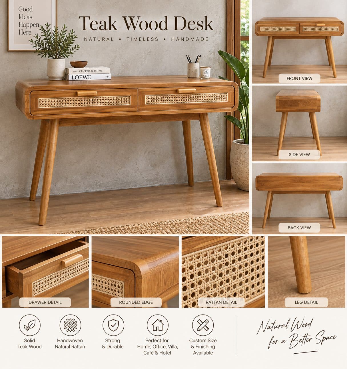 Teak Wood & Rattan Work Desk | Teak Wood Writing Desk 2 Drawers (1/2)