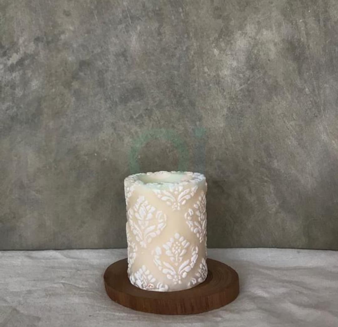 Natural Light Candle - PDO302RR 3 Pineapple Damask Mini Recessed Pillar - Ivory-white Amber & Ginger Rose