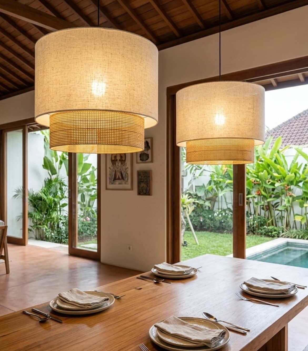 Hanging linen and rattan lamp — photo 1