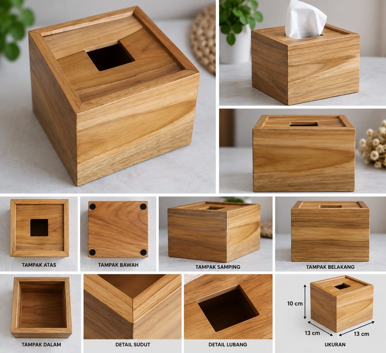 Kotak Tisu Persegi Natural- Kayu Jati (1/3)