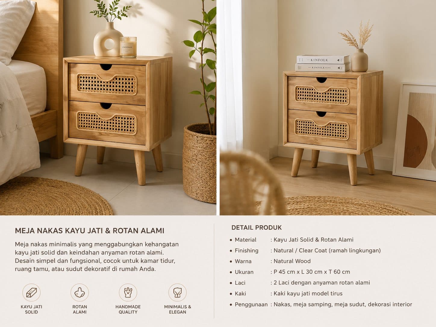 TEAK WOOD & NATURAL RATTAN NIGHTSTAND — photo 1