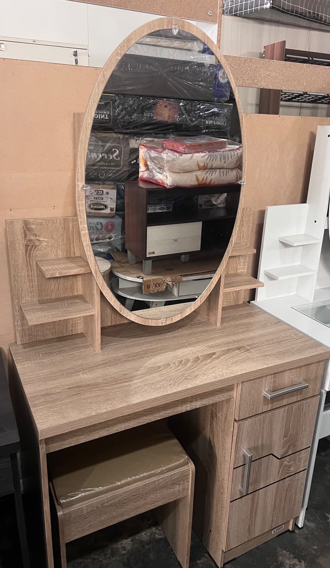 Modern Minimalist Dressing Table with Oval Mirror & Stool — photo 1