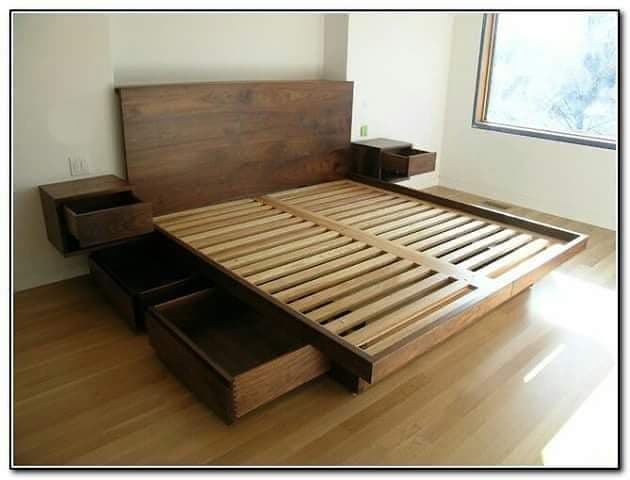 Tempat Tidur Kayu dengan Headboard & Penyimpanan (1/2)