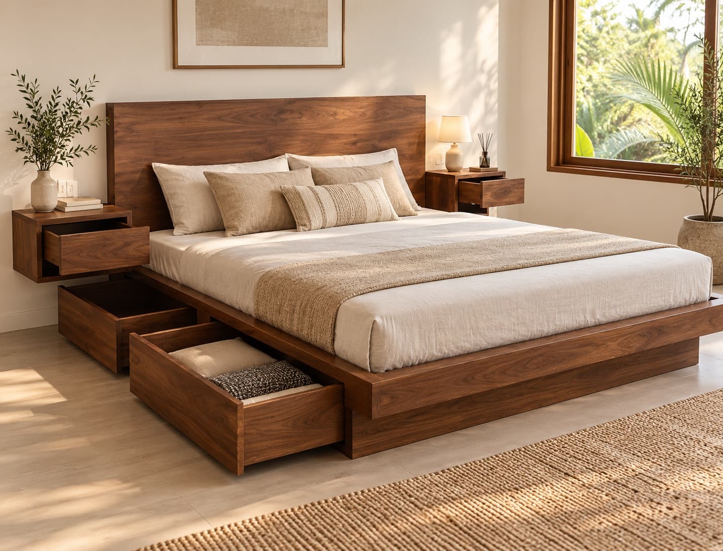 Tempat Tidur Kayu dengan Headboard & Penyimpanan (1/2)