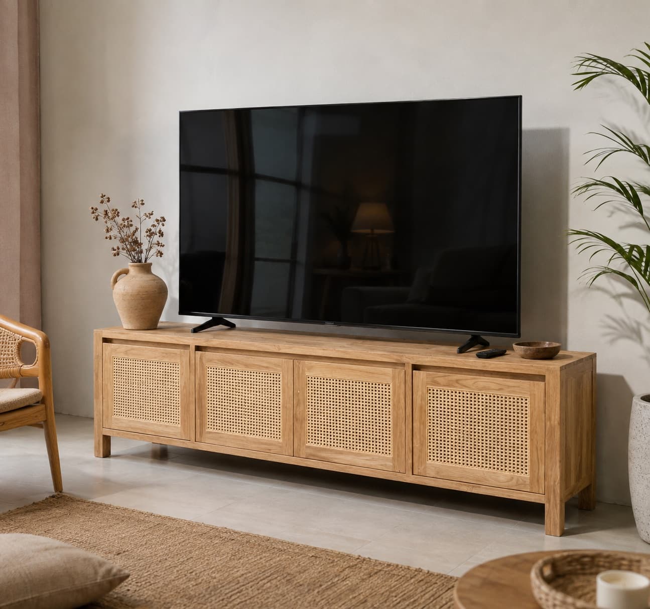 TV Cabinet Kayu dengan Panel Rotan (1/2)