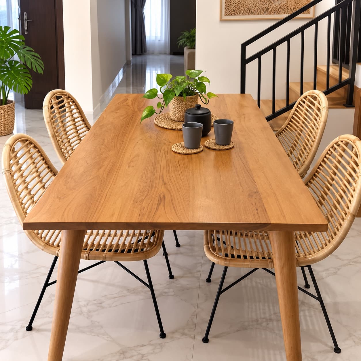 Set Meja Makan Kayu & Kursi Rotan (1/3)