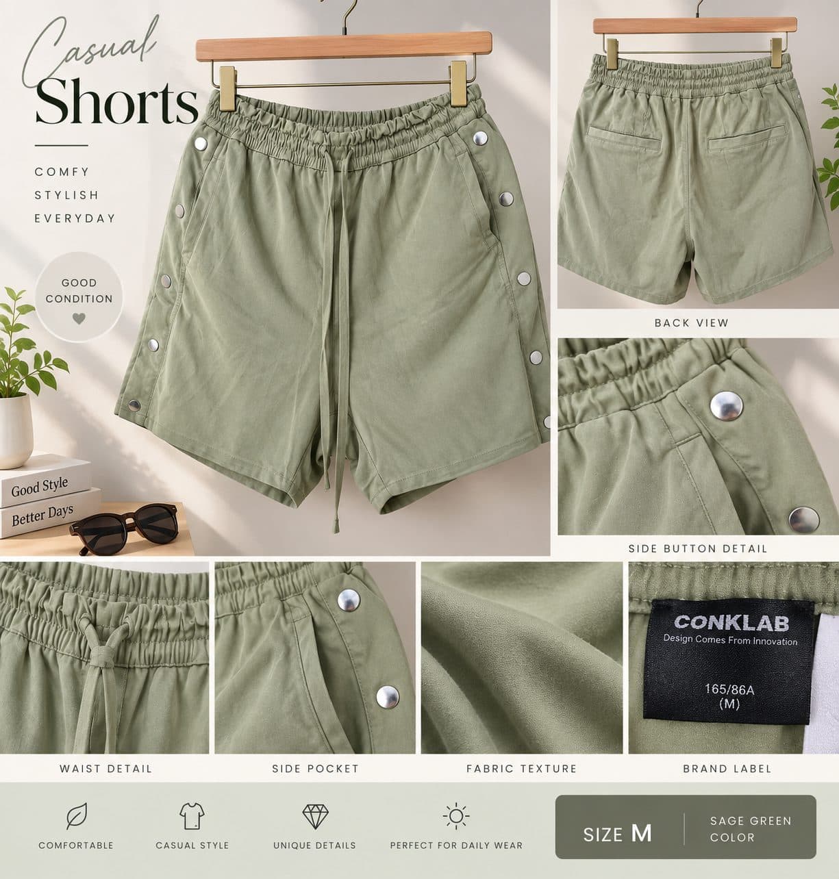 SAGE GREEN CASUAL SHORTS – SIZE M — фото 1
