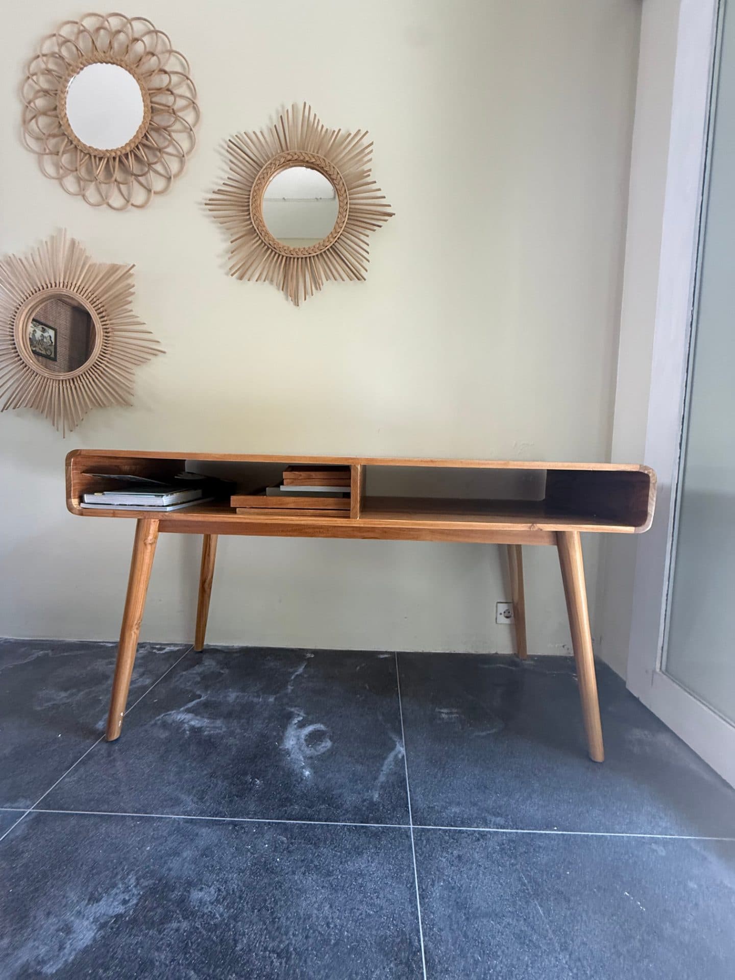 SOLID TEAK DESK WITH RECESSED STORAGE (1/3)