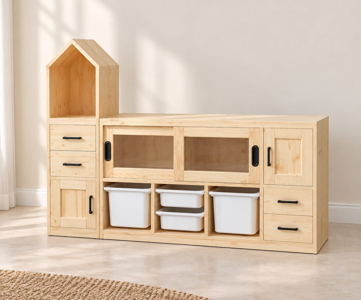 Lemari Rak Mainan Anak Multifungsi Kayu Jati Belanda dengan Laci, Rak Buku & Storage Box (1/2)