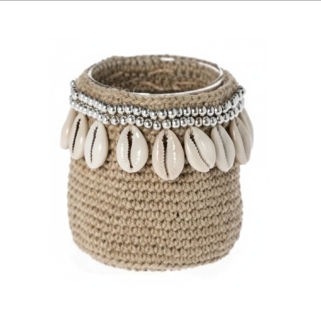 Small Macramé Basket- Brown with Shell & Metal Beads — photo 1